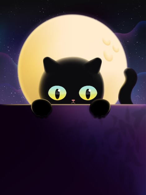 Chat Noir Sous L Illustration Au Clair De Lune Vecteur Premium