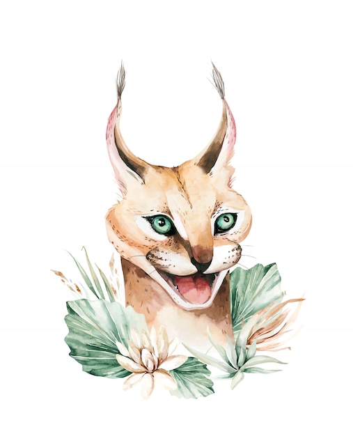 Chat Sauvage De Caracal Serval Africain Portrait Aquarelle Peinture Animaliere Vecteur Premium