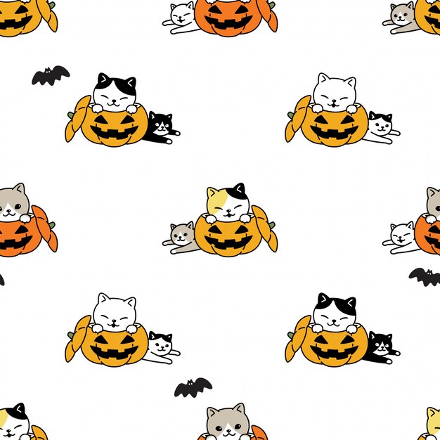 Chat Seamless Modele Chaton Halloween Citrouille Chauve Souris Dessin Anime Illustration Vecteur Premium