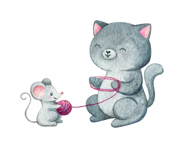 Le Chat Et La Souris Sont Assis Ensemble Et Tiennent Un Fil De Laine Illustration Aquarelle De Deux Amis Isole Sur Fond Blanc Vecteur Premium