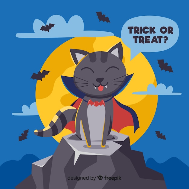 Chat Vampire Dessine Main Mignon Avec Cape Vecteur Gratuite