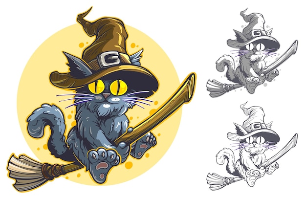 chat volant drole de dessin anime avec grands yeux jaunes sur un balai en chapeau sorciere carte postale vecteur halloween lune fond premium papillon pour colorier pdf