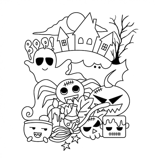 Chateau D Halloween Doodle Vecteur Premium