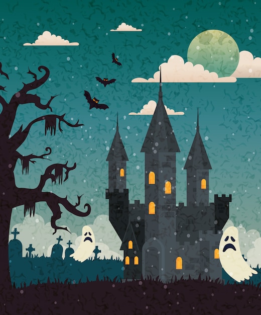 Chateau Hante Avec Cimetiere Et Fantome Dans Une Scene D Halloween Vecteur Gratuite