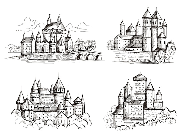 Chateaux Batiments Medievaux Pour Chevaliers Republique Tcheque Chateaux Vintage Vieux Prague Construction Architecturale Ensemble Dessine A La Main Chateau Avec Tour Illustration De Point De Repere Celebre Esquisse Gothique Vecteur Premium