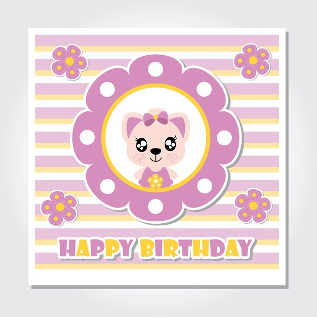 Chaton Mignon Avec Des Fleurs Violettes Vector Illustration De Dessin Anime Pour Carte D Invitation Anniversaire Vecteur Premium