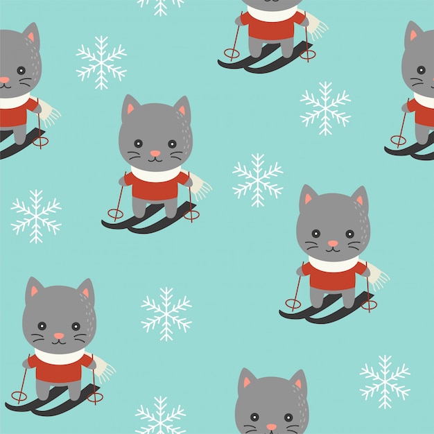 Chaton Mignon Jouant Au Ski Theme De Motif Sans Soudure De Noel A Utiliser Comme Fond D Ecran Vecteur Premium