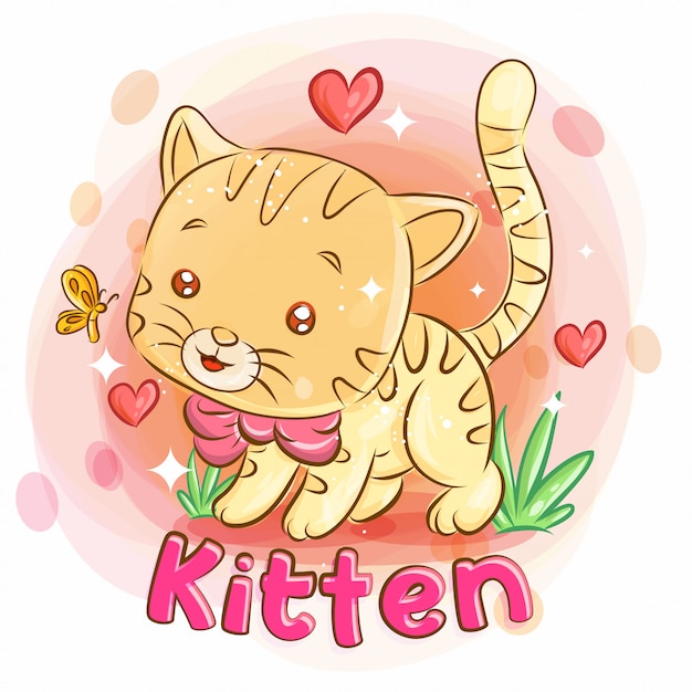 Chaton Mignon Jouant Sur Le Jardin Et Ressentir L Amour Illustration De Dessin Anime Colore Vecteur Premium