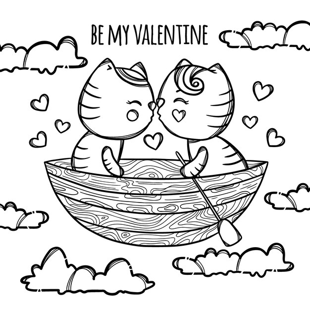 Chatons En Bateau Kiss Flottant Dans Les Nuages Saint Valentin Dessin Anime Dessine A La Main Monochrome Clipart Vecteur Premium