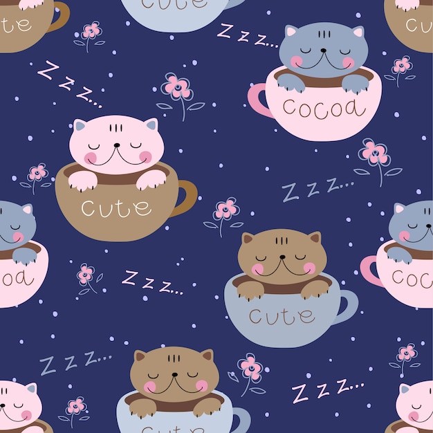 Les chatons mignons dorment doucement dans des tasses Vecteur Premium