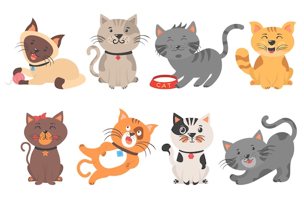 Chatons Mignons Jouant S Etirant Et Dormant Differents Animaux Amusants Isoles Sur Fond Blanc Collection De Personnages De Chat De Dessin Anime Conception De Style Simple Couleur Plat Vecteur Premium