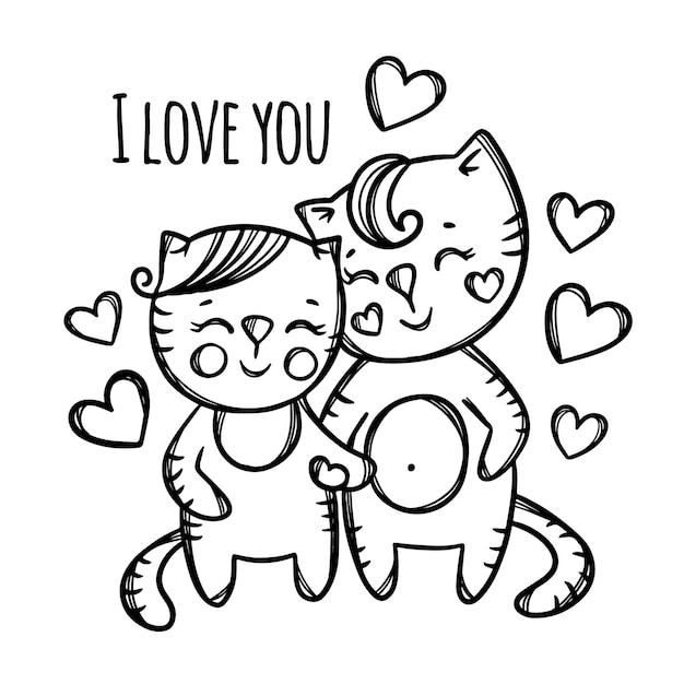 Chats Couple Amoureux Dessin Anime Animaux Monochrome Clipart Dessine A La Main Vecteur Premium