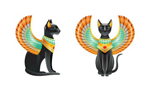 Chats Egyptiens Deesse Bastet Chat Noir Serti D Une Aile De Scarabee Et D Un Collier En Or Statuette De L Art De L Egypte Ancienne Vecteur Premium