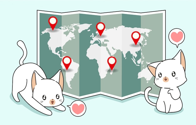 Chats Kawaii Et Carte Du Monde Avec Des Epingles De Positionnement Vecteur Premium