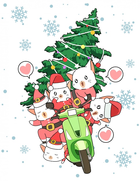 Les Chats Kawaii Santa Conduisent Une Moto Avec Un Sapin De Noel Vecteur Premium