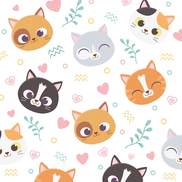 Les Chats Mignons Font Face Aux Coeurs Aiment Le Feuillage Illustration De Fond De Dessin Anime Vecteur Premium