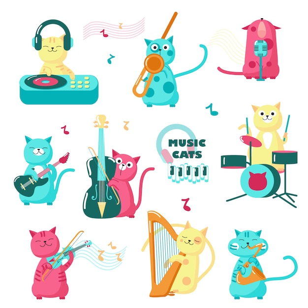 Chats de musique mignons. drôles de petits personnages jouant des instruments de musique, chantant, écoutant de la musique Vecteur Premium