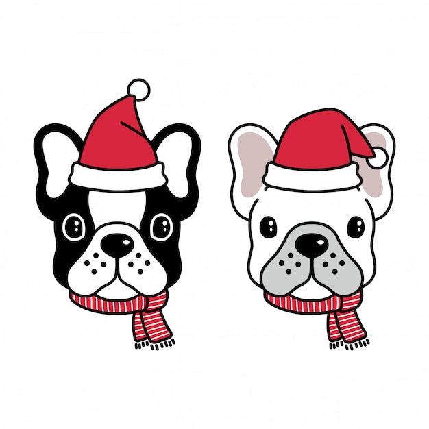 Chien Bouledogue Francais Pere Noel Porter Chapeau Et Echarpe Vecteur Premium