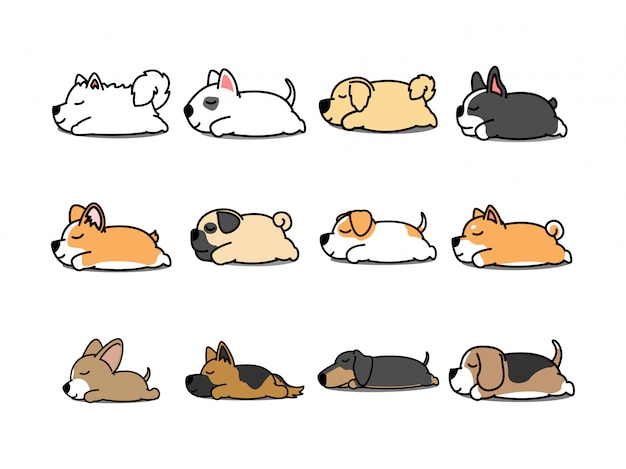 Chien paresseux dormant cartoon icon set vector Vecteur Premium