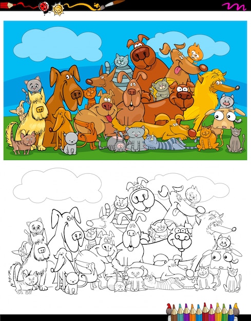 Chiens Et Chats Caracteres Livre De Coloriage Vecteur Premium