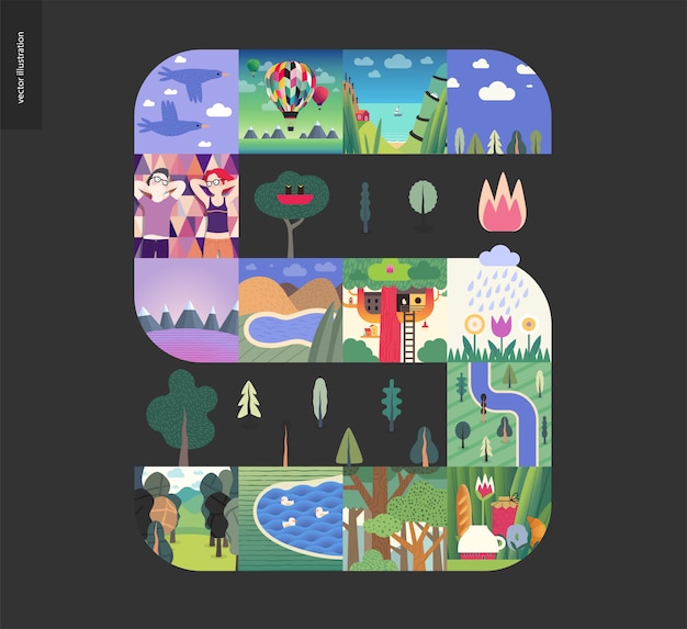 Choses simples, composition de jeu de forêt sur un fond noir Vecteur Premium