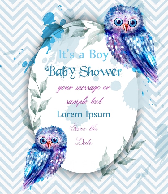 Chouette Bleue Mignonne Carte Bebe Douche Invitation Aquarelle Vecteur Premium