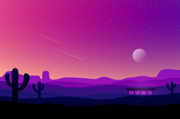 Ciel Violet Colore Avec Paysage De Cactus Et De Desert Vecteur Premium