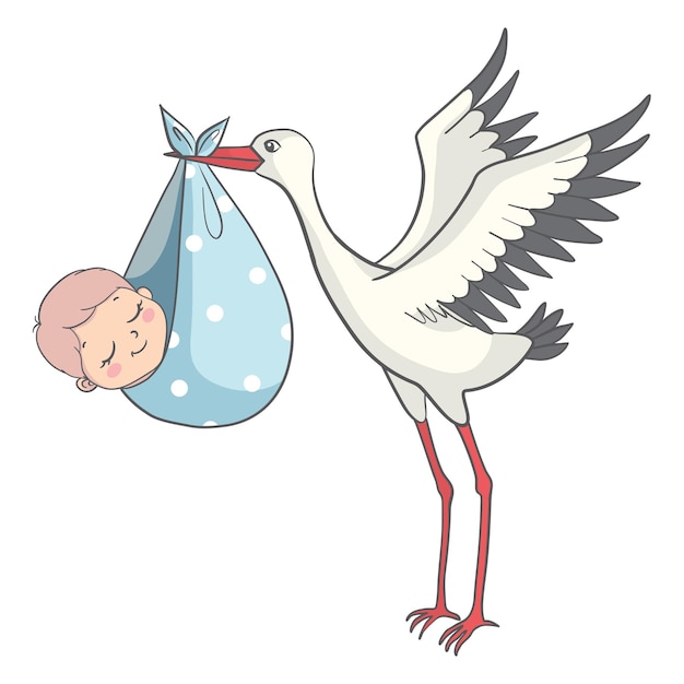 Cigogne Avec Dessin Anime De Carte D Invitation De Bebe Illustration De Conception Mignon Bebe Douche Grossesse Annonce Vecteur Premium