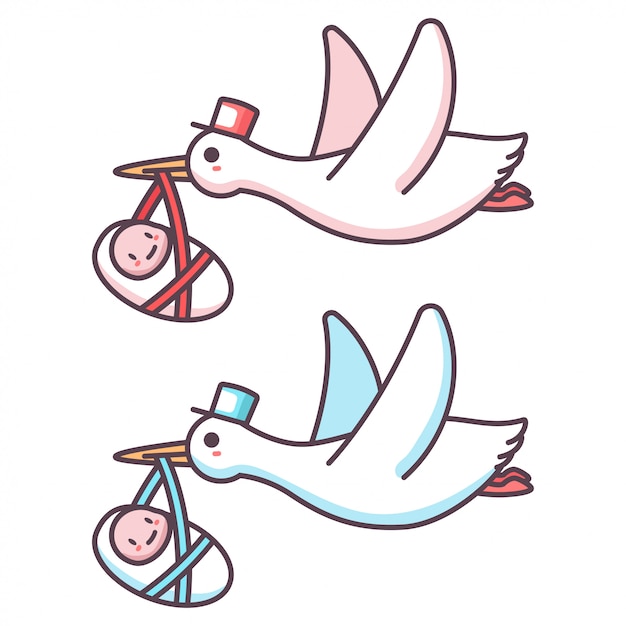 Cigogne De Dessin Anime Mignon Et Bebe Garcon Et Fille Illustration D Un Oiseau Volant Portant Un Nouveau Ne Isole Sur Fond Blanc Vecteur Premium