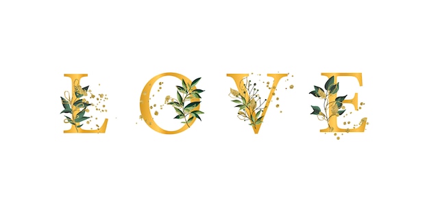 Citation de la phrase florale dorée lettres majuscules de la police amour avec fleurs feuilles et éclaboussures d'or isolés Vecteur gratuit