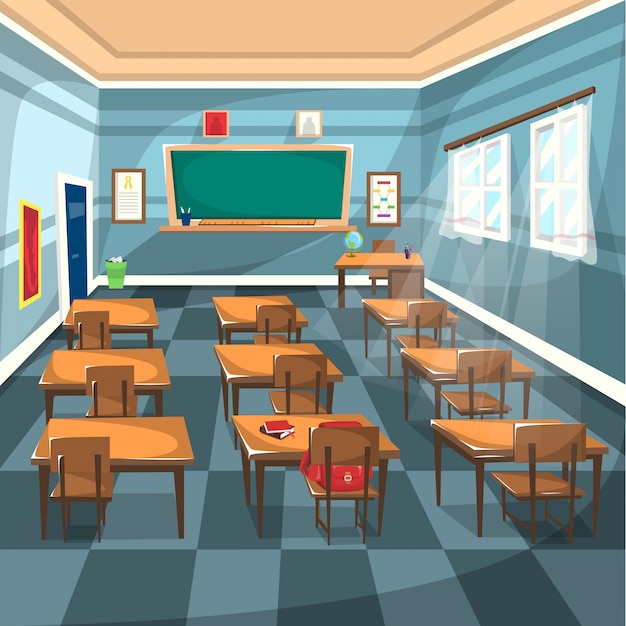 Classe de lycée avec tableau vert craie Vecteur Premium