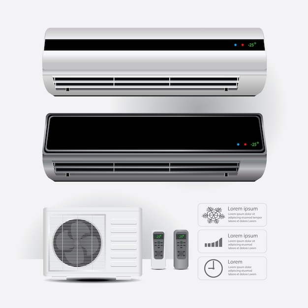 Climatiseur réaliste et télécommande avec symboles vectoriels d'air froid illustration vectorielle Vecteur Premium