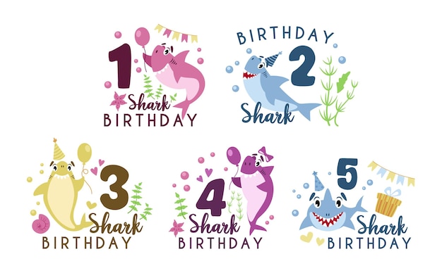 Clipart De Fete D Anniversaire De Bebe Requin Composition D Anniversaire De Bebe De Dessin Anime Vecteur Premium