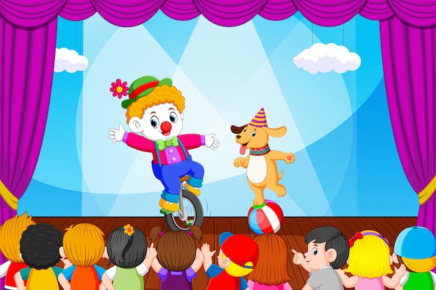 Les clowns et creusent faisant les attractions devant leurs amis Vecteur Premium