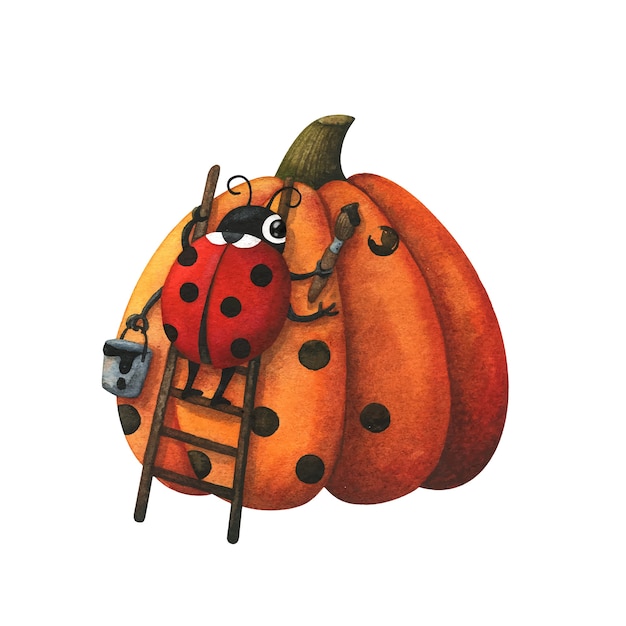 Une Coccinelle Dessine Un Motif Sur Une Citrouille Orange D Automne Illustration Mignonne Drole Automne Vecteur Premium