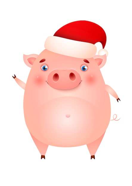 Cochon Mignon Drole En Bonnet De Noel Agitant Le Sabot Vecteur Gratuite