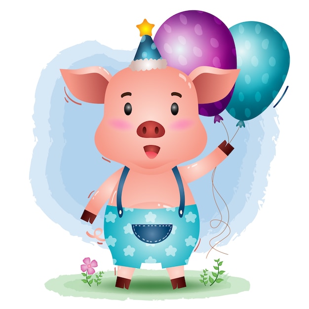 Un Cochon Mignon Utilisant Un Chapeau D 39 Anniversaire Et Tient Un Ballon Vecteur Premium