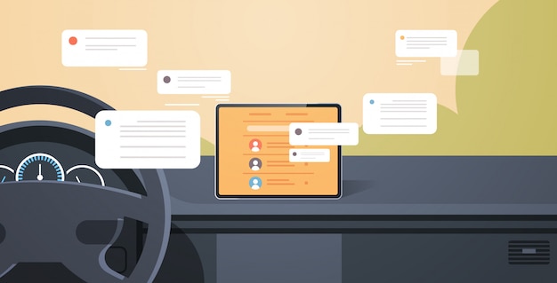 Cockpit Du Vehicule Avec Aide A La Conduite Intelligente Communication Reseau Social Communication Chat Messagerie Application De Chat Sur L Ecran Du Tableau De Bord Automobile Interieur De Voiture Moderne Vecteur Premium