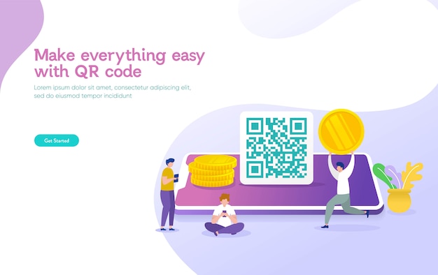 Code qr concept d'illustration vectorielle, les gens utilisent un smartphone et scannez le code qr pour le paiement et tout Vecteur Premium