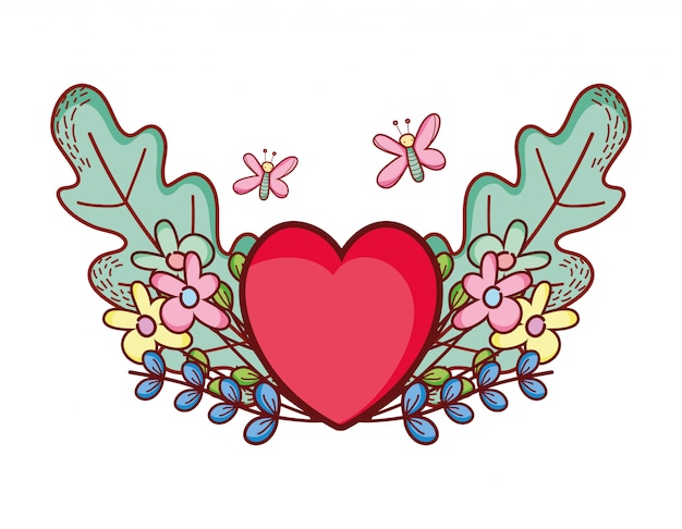 Coeur Rouge Amour Papillons Fleurs Dessin Anime Vecteur Premium