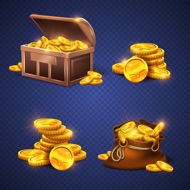 Coffre en bois et gros sac ancien avec des pièces d'or, pile d'argent isolée. Vecteur Premium