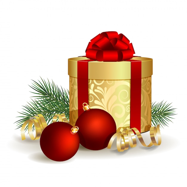 Coffret cadeau avec ruban rouge et boule de noël Vecteur Premium