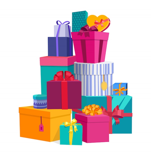 Coffrets cadeaux cadeaux emballés colorés avec des arcs Vecteur Premium