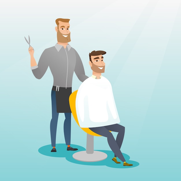 Coiffeur faisant la coupe de cheveux au jeune homme. Vecteur Premium