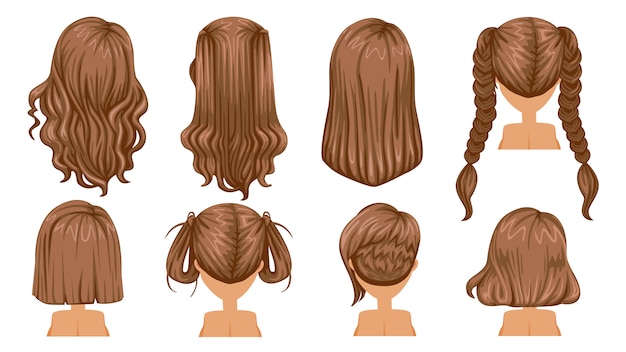 Coiffure cheveux de femme. vue arrière. mode moderne pour assortiment. Vecteur Premium