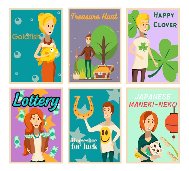 Collection d'affiches de situations chanceuses de compositions d'image plat avec des personnages humains heureux et illustration vectorielle de texte Vecteur gratuit