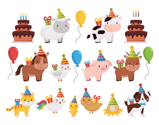 Collection D Animaux De Ferme De Dessin Anime Mignon Avec Gateau D Anniversaire Cadeaux Ballons Et Gateau Vecteur Premium