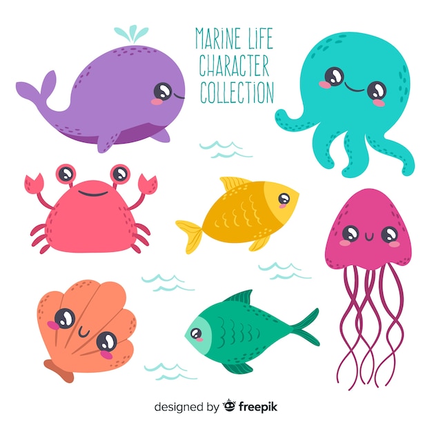 Collection d'animaux marins dessinés à la main ...