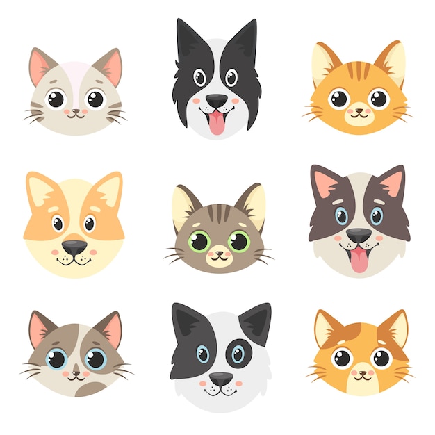 Collection D Animaux Mignons Visages De Chats Et De Chiens Isole Sur Fond Blanc Vecteur Premium