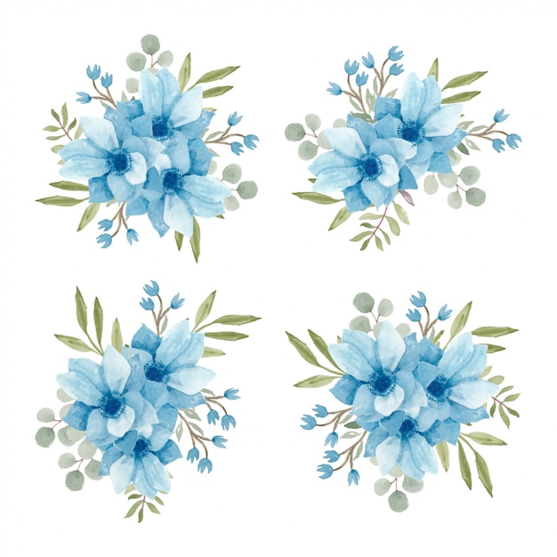 Collection D Arrangements De Fleurs Bleu Aquarelle Vecteur Premium